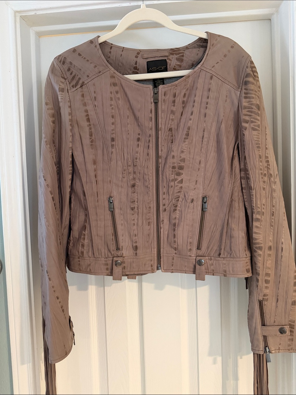AGDE Taupe Textured Zip-Front Leather Jacket size M